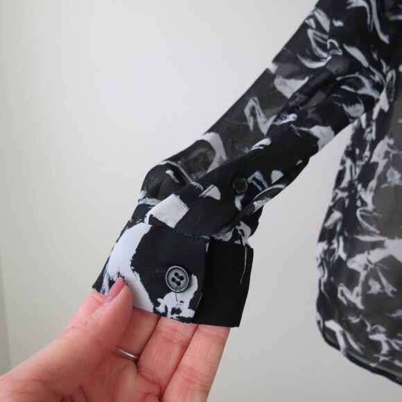 FRENCH CONNECTION Women's Black White Hatched Horses Sheer Blouse Size 6 - Picture 7 of 9